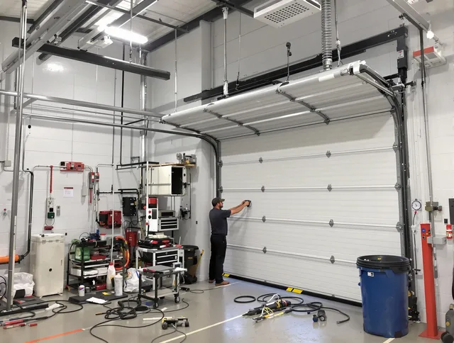 Green Garage Door Repair certified technician performing commercial door repair at a Green business facility