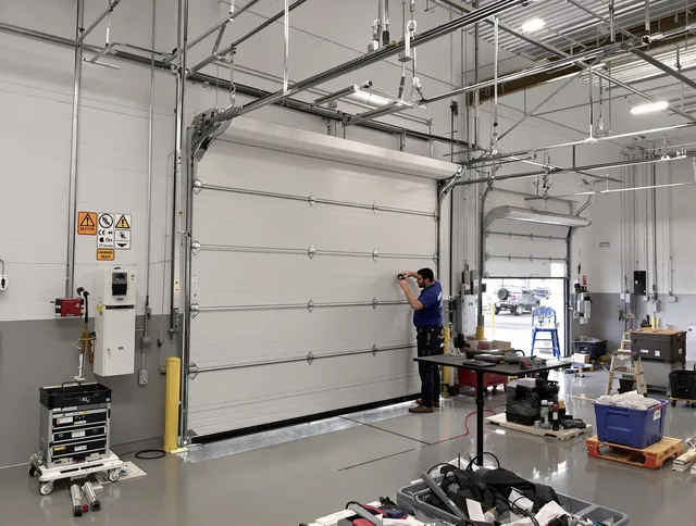 Commercial garage door repair being performed by Green Garage Door Repair expert in Green