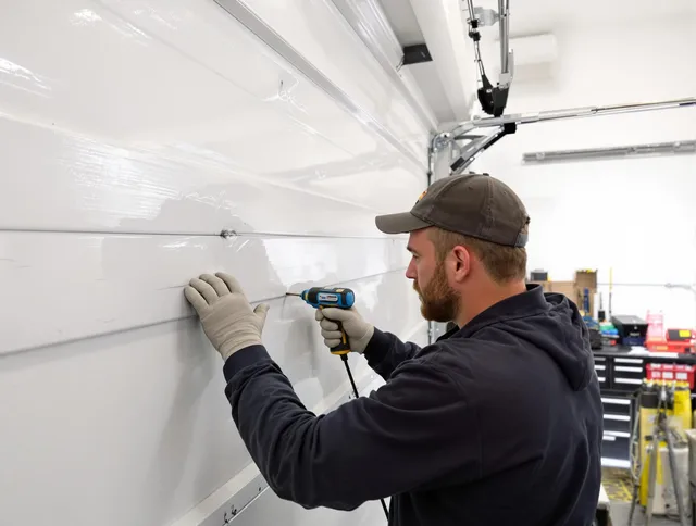 Green Garage Door Repair technician demonstrating precision dent removal techniques on a Green garage door