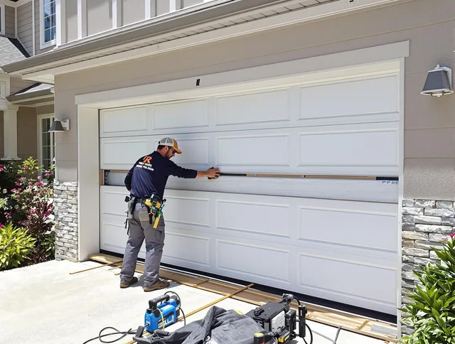Green Garage Door Repair team performing complete garage door replacement at Green residence