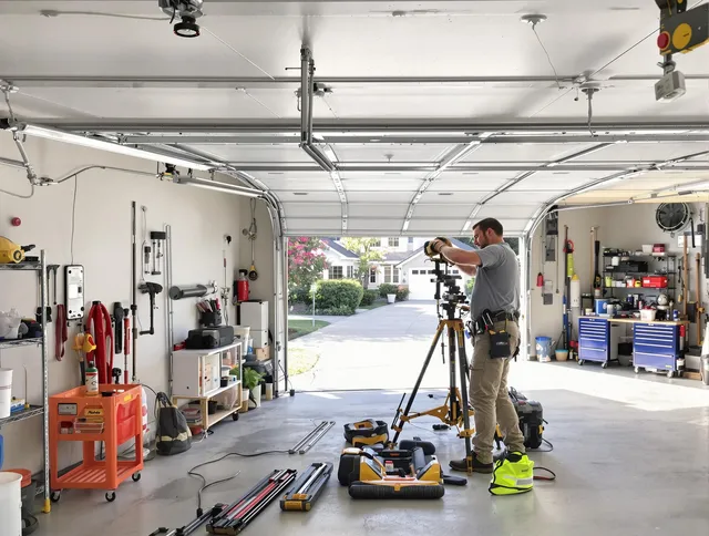 Green Garage Door Repair specialist performing laser-guided track alignment in Green